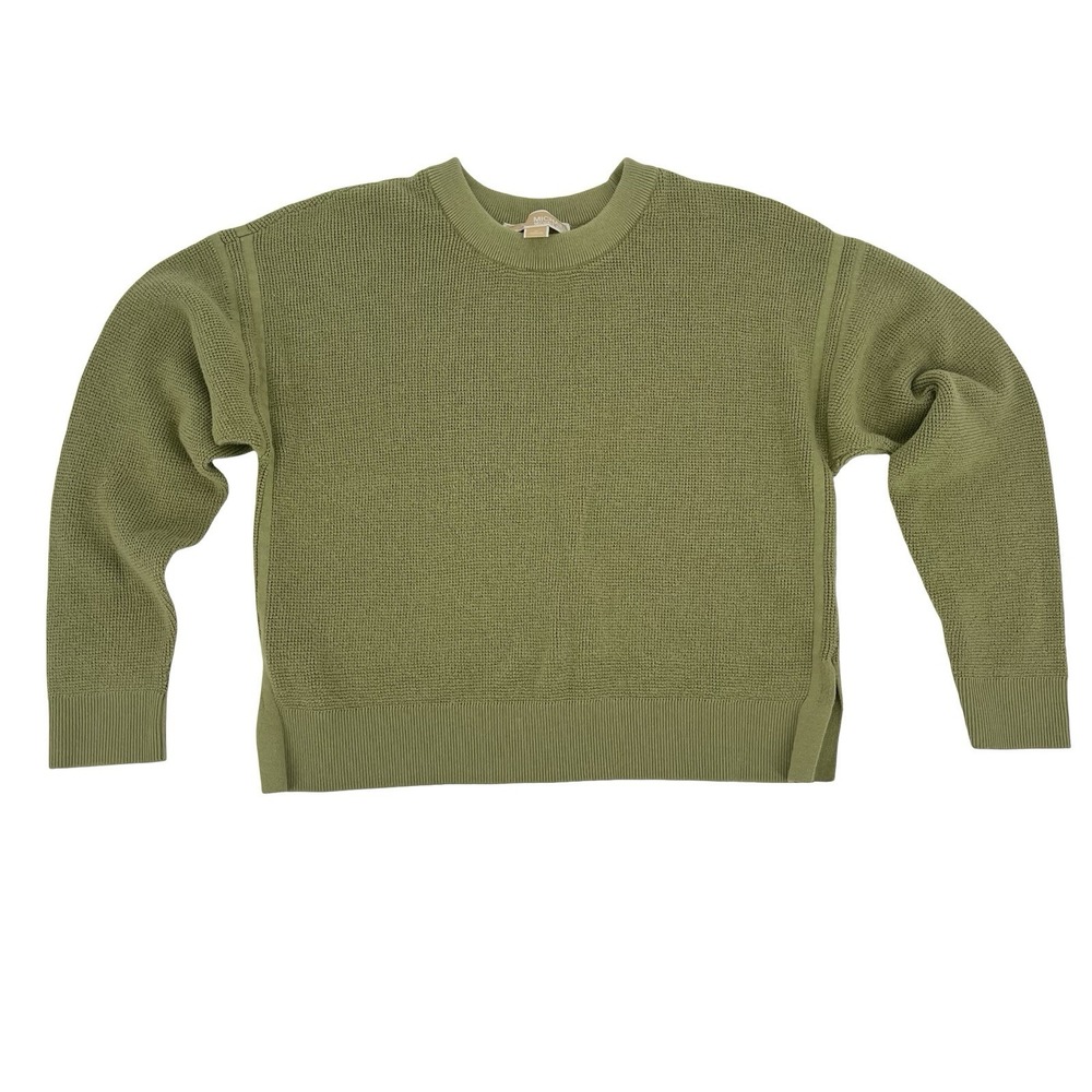 Michael Kors Womens M Green Cropped Sweater Relaxed Boxy Cotton Knit Pullover - Picture 2 of 8